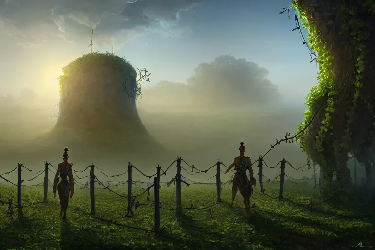 Prompt: a walking ancient city mounted on mechanical legs, vines, pilar, hyperrealistic, highly detailed, cinematic, single ray of sun, fog, beautiful, cgssociety, artstation, 8 k, oil painting