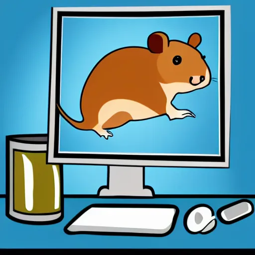 Prompt: digital drawing, art station, vector drawing, cartoon hampster trying to catch breath and sweating next to a computer server