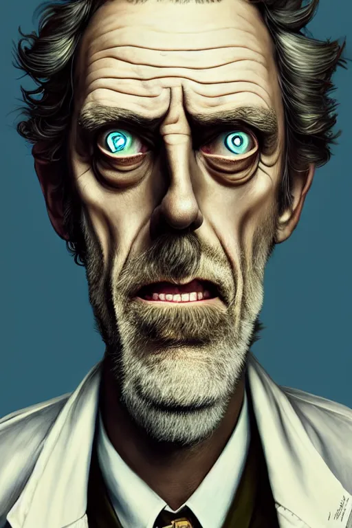 Image similar to Hugh Laurie as crazy genius Rick Sanchez from Rick and Morty, unibrow, white robe, big eyes, realistic portrait, symmetrical, highly detailed, digital painting, artstation, concept art, smooth, sharp focus, illustration, cinematic lighting, art by artgerm and greg rutkowski and alphonse mucha