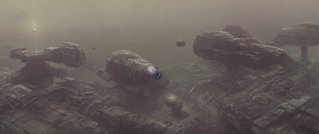 Image similar to illustration, a single scouting spaceship, deep space exploration, the expanse tv series, industrial design, galaxy travel, atmospheric, cinematic lighting, 4k, greebles, widescreen, wide angle, beksinski, sharp and blocky shapes, simon stalenhag palette