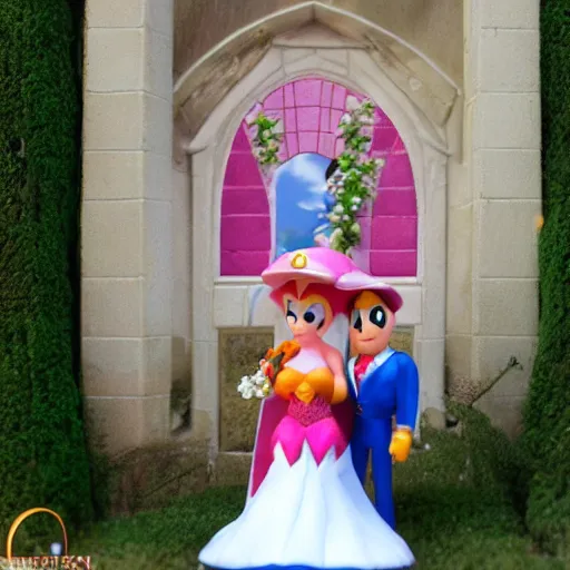 Prompt: super marion and princess peach getting married, highly detailed, wedding photograph