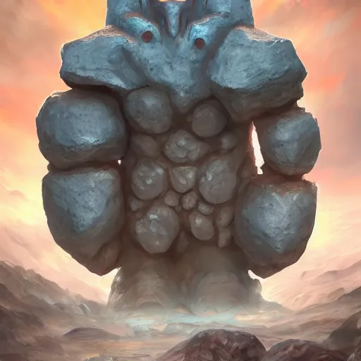 Image similar to The elemental stone golem made of large boulders with elemental magic seeping from the cracks, d&d art, fantasy, painted, 4k, high detail, sharp focus, artstation