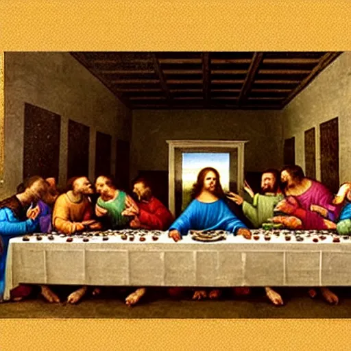 Image similar to last supper by leonardo da vinci bit with pizza