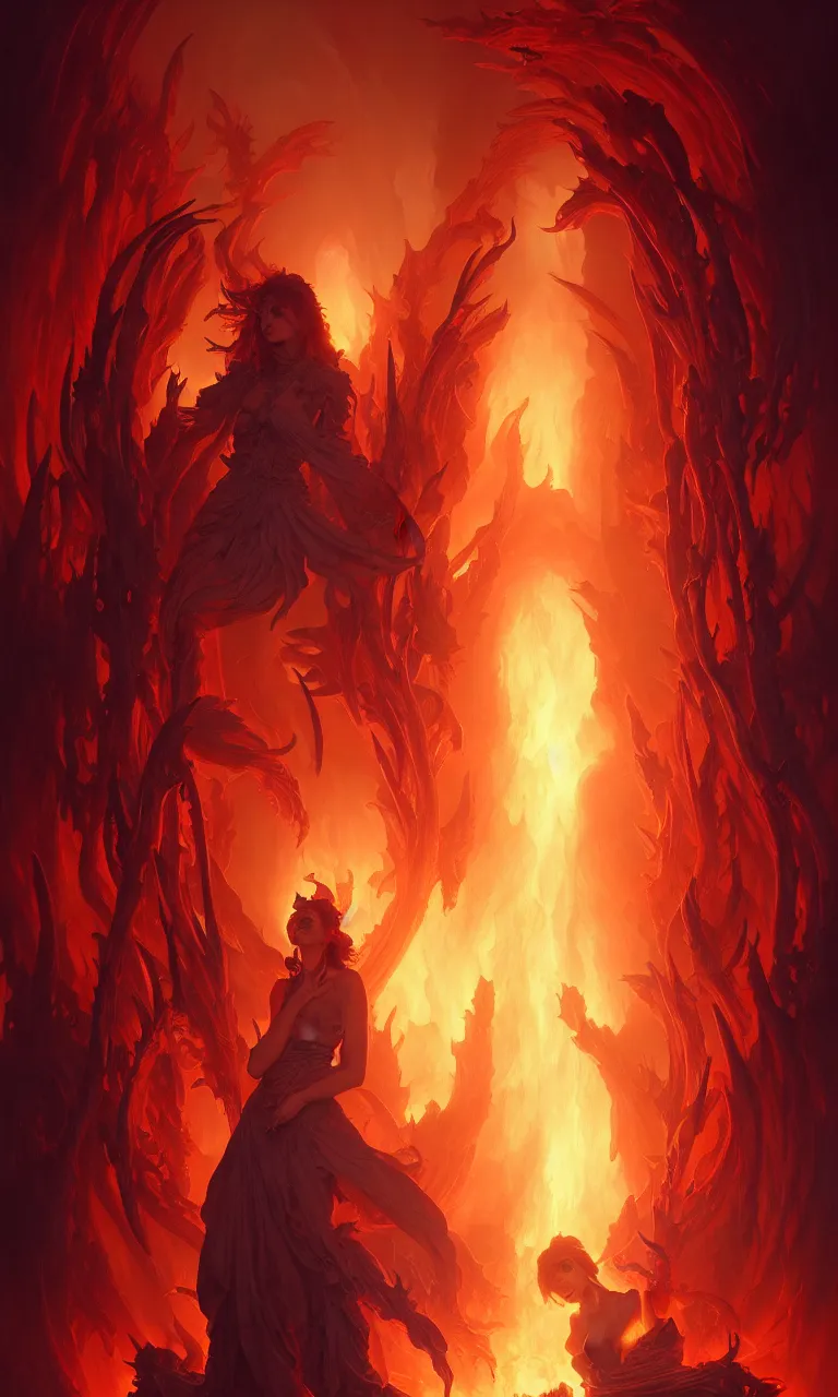 Prompt: Purgatory, fire woman in hell. The gateway to the infernal underworld. Devils demons, highly detailed, digital painting, artstation, concept art, smooth, sharp focus, illustration, art by artgerm and greg rutkowski and alphonse mucha