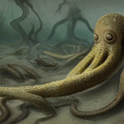 Prompt: a tentacled abomination surfacing on the shores of an underground ocean