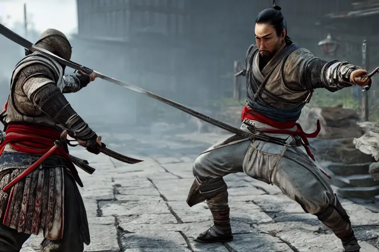 Prompt: Ingame Screenshot of Assassins' Creed 6: Tokyo Shinobi, for ps5, Highly Detailed, Feudal era Japan, Tokyo, Ghost of Tsushima and Sekiro as references, Wielding Kunai, Unreal engine 5, HD, Ultra Graphic settings, 8k, GTX 3090, 🔥 😎 🕹️ 👀