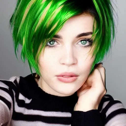 Prompt: brunette woman, short hair, flipped hairstyle, bright green eyes
