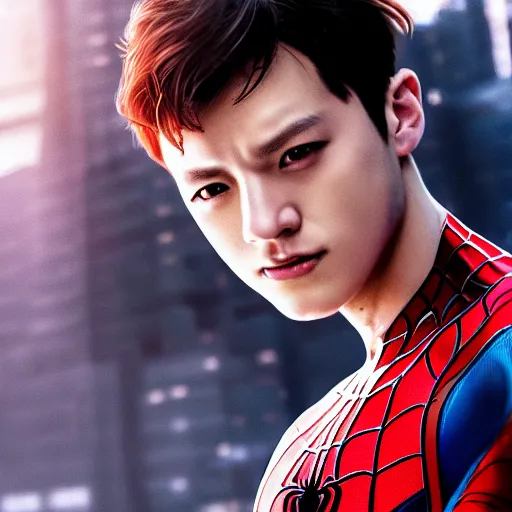 Prompt: Jungkook as Spider-Man by wlop, jean giraud, artgerm, cinematic, marvel film shot dramatic,