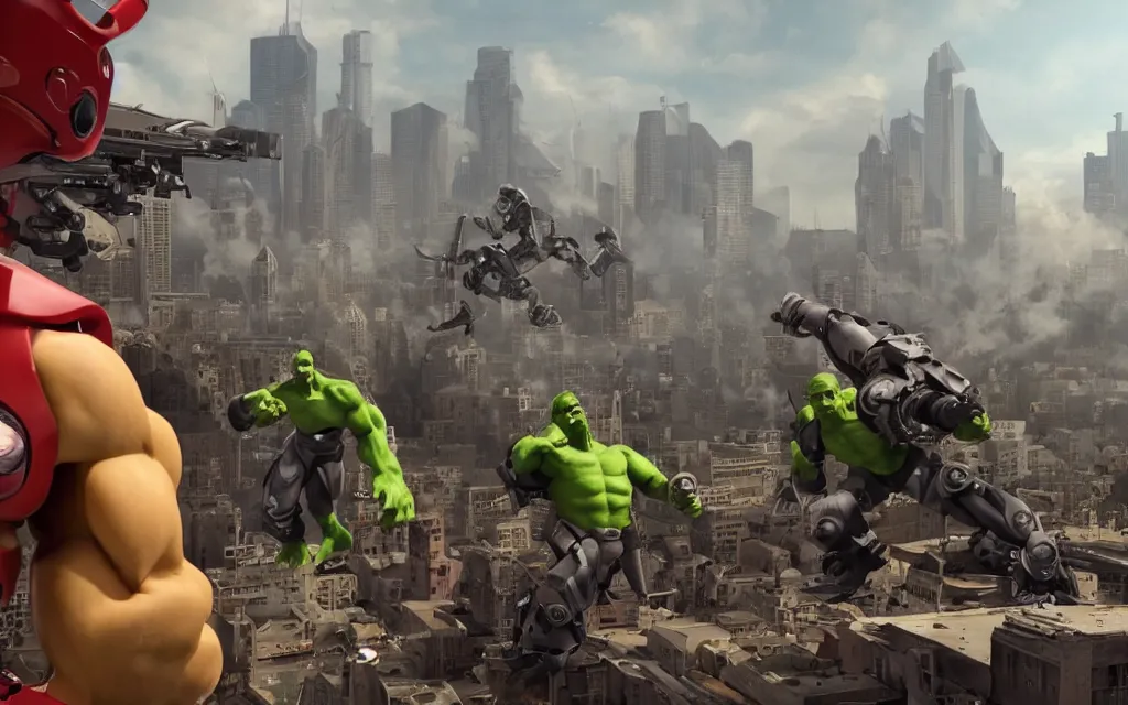 Prompt: spy kids finial battle but the robots are hulk hogan, atmospheric, mist, epic, photorealistic, realistic, rule of thirds, extremely detailed, 4 k, 8 k, unreal engine 5 render, rim lighting, rtx, ray traced lighting, shot on 3 5 mm, film grain, looking through a window frame