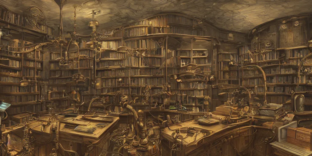 Image similar to steampunk oceanographer study, maps crowding the walls, bookshelves, paintings of ocean topography, sonar equipment, marine biologist lab, bookshelves, incandescent lighting, unreal engine, bibliopunk