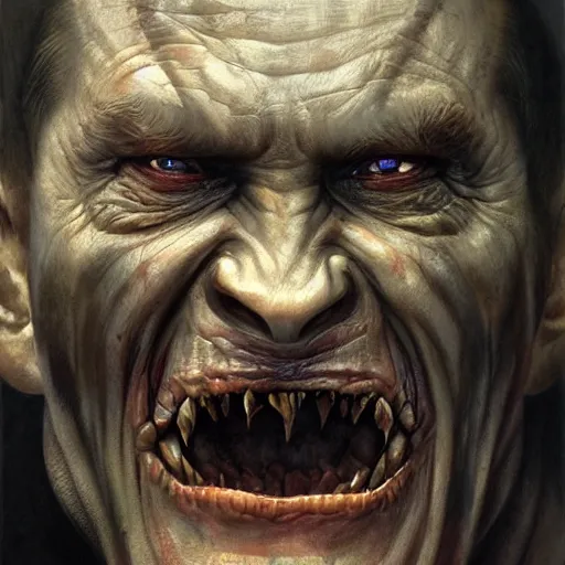 Image similar to vladimir putin, is orc, rotten tooth, horror, macabre by donato giancola and greg rutkowski and wayne barlow and zdzisław beksinski, realistic face, digital art