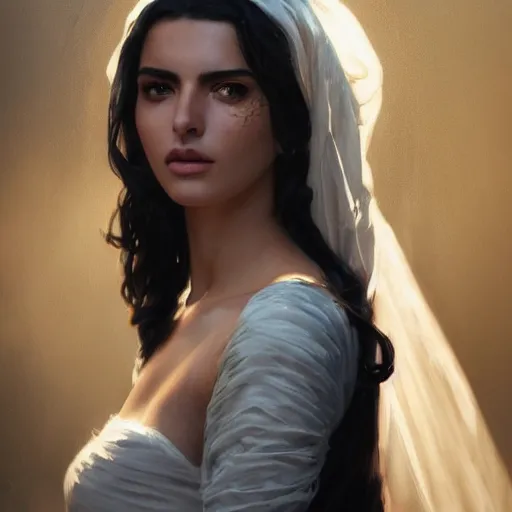 Prompt: a Photorealistic dramatic render of greek arab ameera al taweel, blue eyes, wavy black hair, white veil, by WLOP, Artgerm, Greg Rutkowski, Alphonse Mucha, Beautiful dynamic dramatic dark moody lighting,shadows,cinematic atmosphere,Artstation,concept design art,Octane render,8K