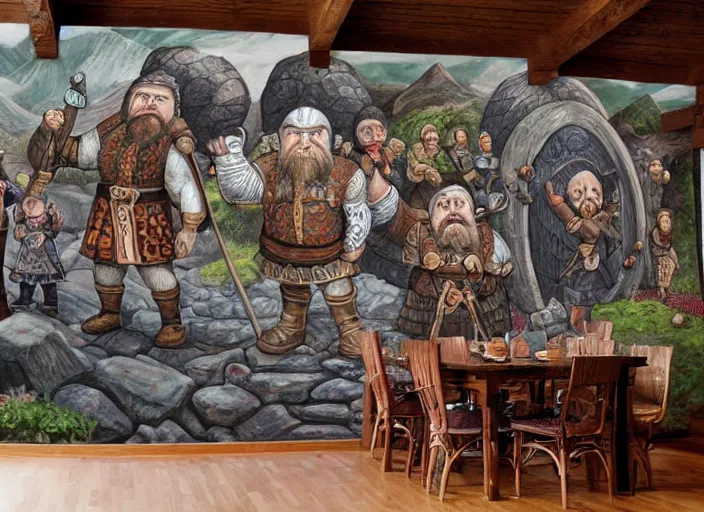 Prompt: dwarven mural depicting a family history of mountain dwarves. a large jewel is the focal point of the mural