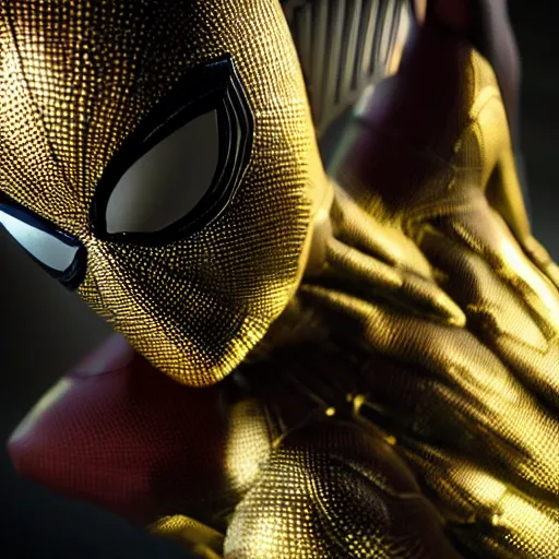 Image similar to gold spider - man suit with black web lining, cinematic, volumetric lighting, realistic, hyperdetailed, photorealistic, photograph