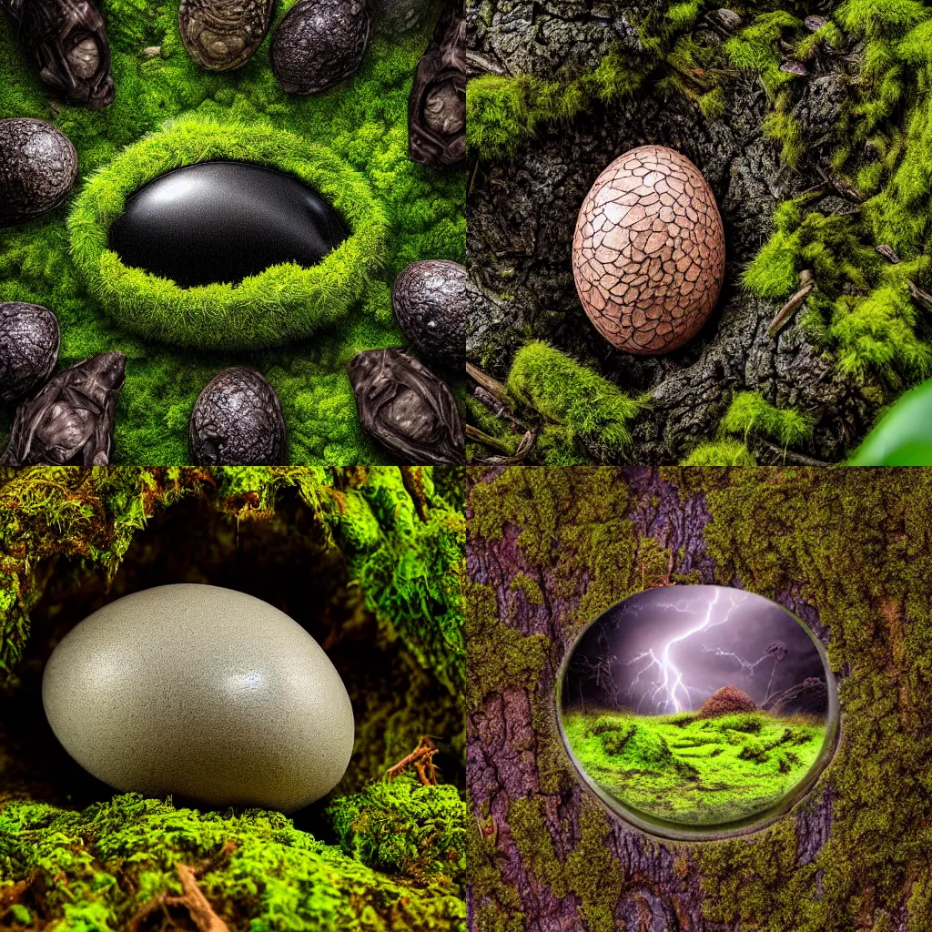 Prompt: a detailed hatched dinosaur egg in a mossy forest during a thunderstorm, glossy, hyperrealistic picture, high detail, professional picture, mysterious, dark colors, high contrast