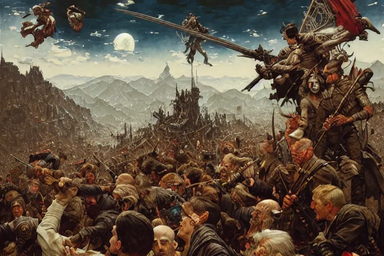 Image similar to a epic norman rockwell painting of army of wizards fighting against vampires on the mountains of the ocean, gritty tech, deep focus, fantasy, intricate, elegant, highly detailed, digital painting, artstation, concept art, matte, sharp focus, illustration, dark fantasy style art, resident evil, art by artgerm and greg rutkowski and alphonse mucha