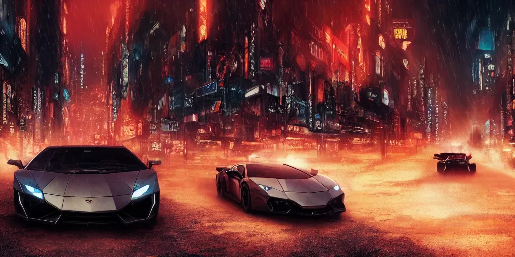 Prompt: A cinematic film still of a Lamborghini in the movie Blade Runner: 2049.