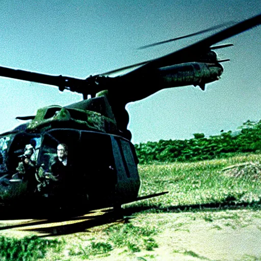 Image similar to film still, bell huey helicopter extreme far view, emma watson vietnam door gunner, film still from apocalypse now ( 1 9 7 9 ), 2 6 mm, kodak ektachrome, blue tint expired film,