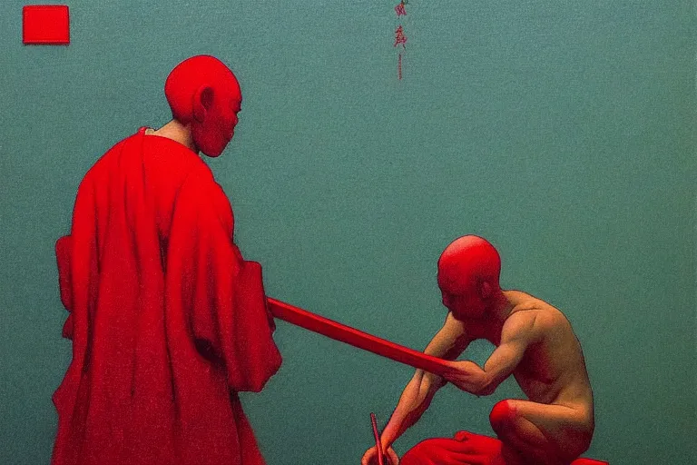 Image similar to only with red, a red samurai do seppuku, tokio, a lot of frogs watch, in the style of beksinski, parts by edward hopper, parts by rodcenko, parts by yue minjun, intricate and epic composition, red by caravaggio, insanely quality, highly detailed, masterpiece, red light, artstation, 4 k