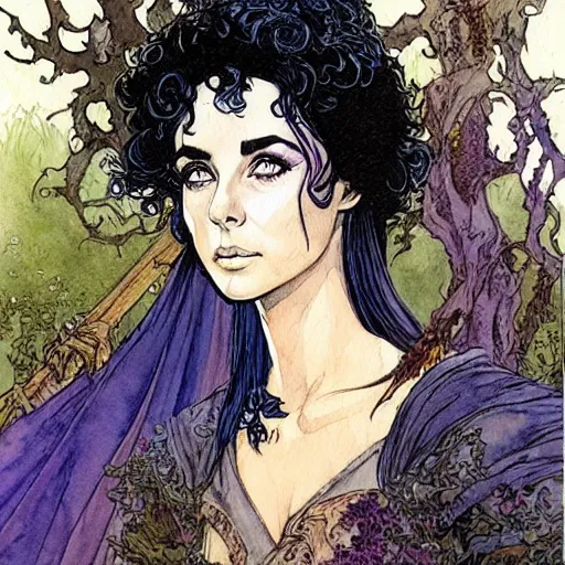 Image similar to a realistic and atmospheric watercolour fantasy character concept art portrait of young elizabeth taylor aged 2 1 as a druidic warrior wizard looking at the camera with an intelligent gaze by rebecca guay, michael kaluta, charles vess and jean moebius giraud