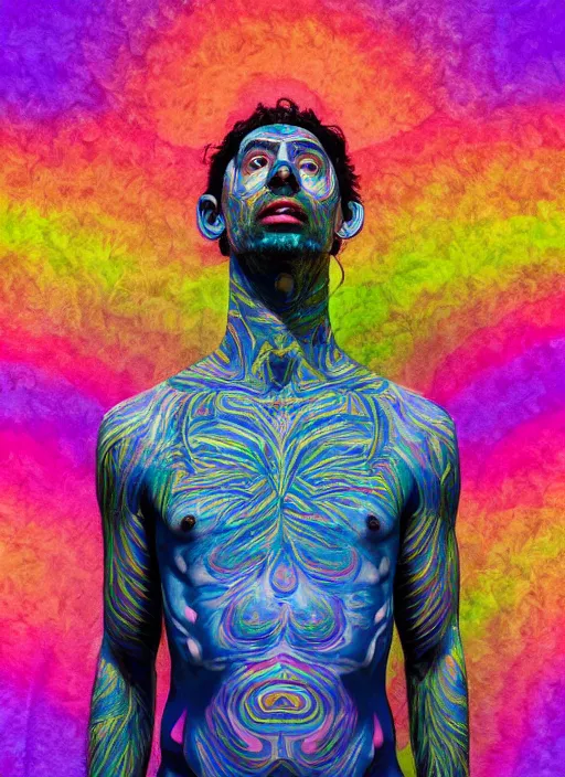 Image similar to full body statue of a psychedelic shaman by Jean-Baptiste Carpeaux and Luo Li Rong and Michael James Talbot, all body, flying in space. perfect symmetrical face, colorful, psychedelic psychedelic psychedelic colors, fresh rainbow bodypainting, synthwave, in full growth, elegant, realistic, 8K, female full-skin figure, hyperrealism, subsurface scattering, raytracing, rim light, Octane Render, Redshift, Zbrush, Zdzisław Beksiński, complex psychedelic glitch background