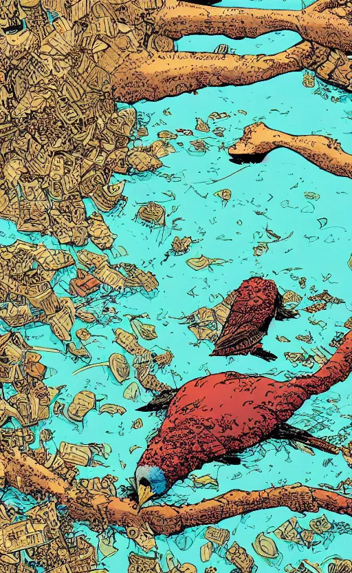 Prompt: bird swimming on its back, view from above, river, peaceful, by Geof Darrow and James Jean,