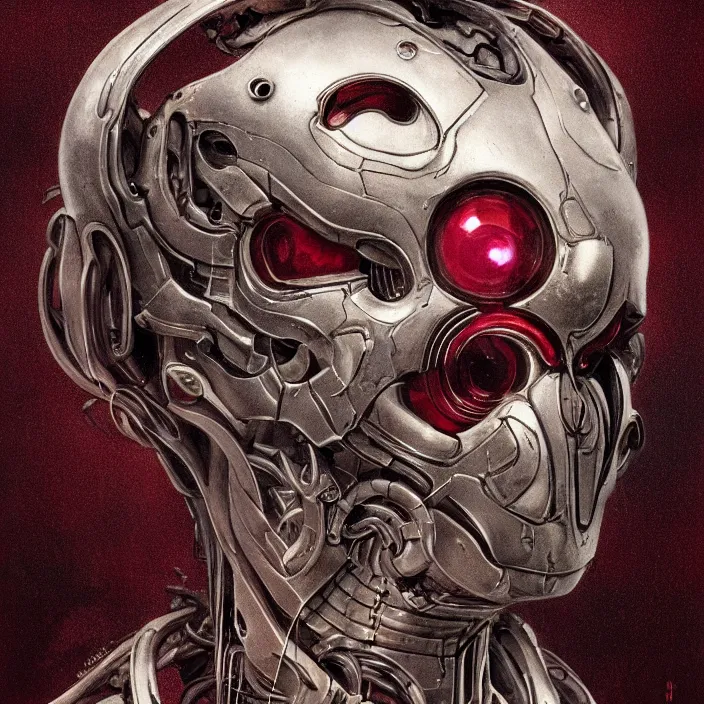 Prompt: in the art style of H.R. Giger,a portrait of a ruby Ultron from Age of Ultron, clockwork steampunk, isometric art style, head and chest only, by Beksinski, 4k, deviantart, trending on artstation