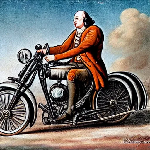 Image similar to benjamin franklin as a biker on a harley davidson