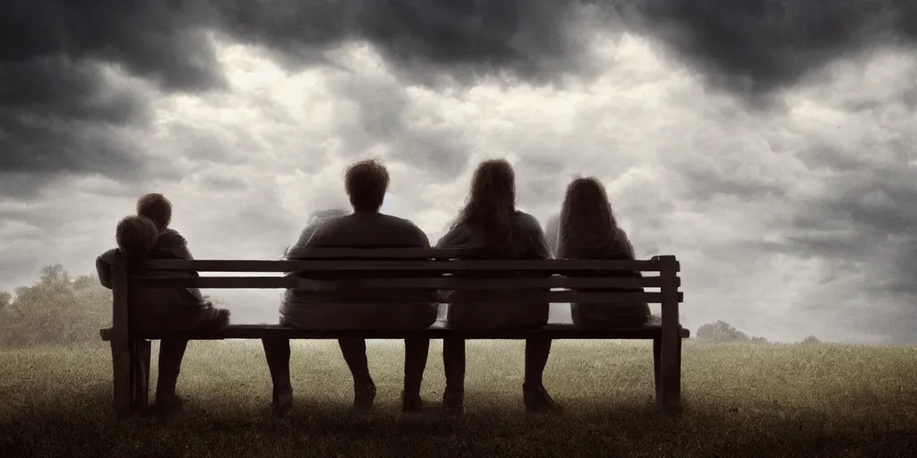 Image similar to a family with sorrow faces sitting on a bench, dramatic sky, close up shot, Greg Rutkowski, dramatic lighting