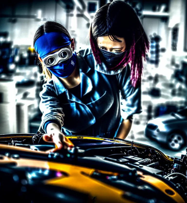 Prompt: a photo close up a female mechanic working on engine of a cyberpunk car,, wearing mask, cyberpunk garage, cyberpunk gunma prefecture, midnight, photorealistic, cinematic color, studio lighting, highly detailed, bokeh, style by tomino - sama