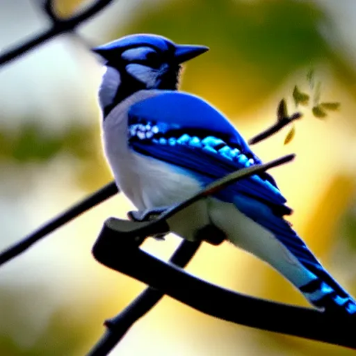 Prompt: a Bluejay over the sun on a limb