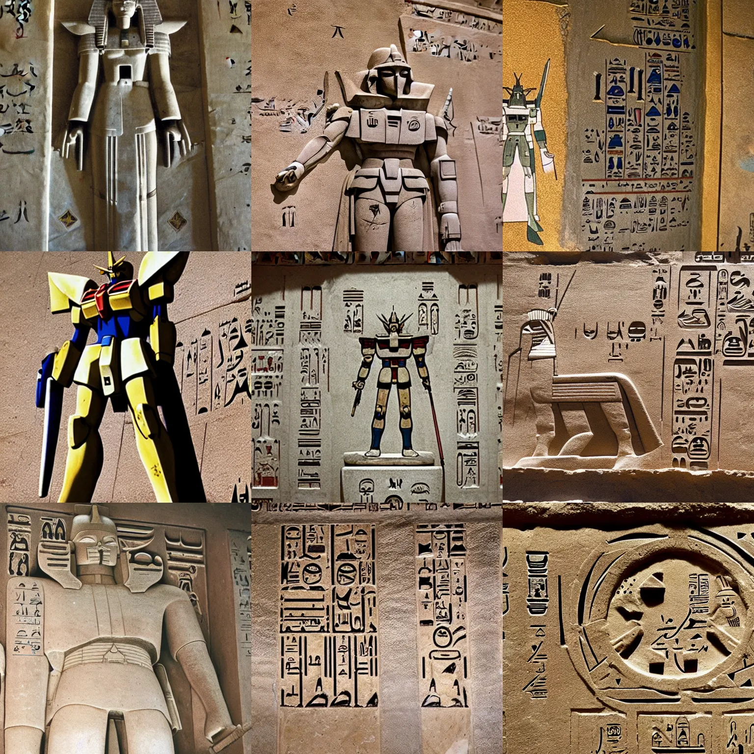 Image similar to photo of a gundam inscribed on the wall of a tomb in egypt, historical, artifact, marble, stone, national geographic, relic