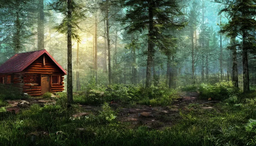 Image similar to a clearing in a forest with a cabin, digital art, highly detailed, realistic, bright colors, 8 k