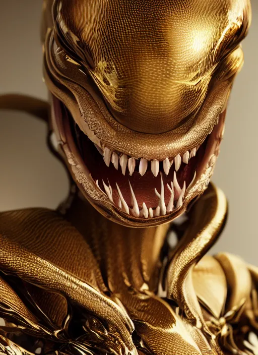 Prompt: frontal portrait of a emotional venom female, hyper realistic, designed by makoto kobayashi and luca zampriolo, portrait, sexy style, wood and gold details, intricate, extremely detailed, ornate, deep of field, hard surface, exoskeleton, substance designer metal unreal engine. amazing likeness. very detailed.