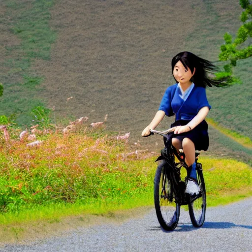 Prompt: anime girl riding bicycle in highly detailed japanese countryside, studio ghibli style, by hayao miyazaki, sharp focus, desaturated, highly detailed, 4k