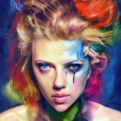 Prompt: drunken scarlett johansson as delirium from sandman, ( hallucinating colorful soap bubbles ), by jeremy mann, by sandra chevrier, by dave mckean and richard avedon and maciej kuciara, punk rock, tank girl, high detailed, one green eye and one blue eye, 8 k