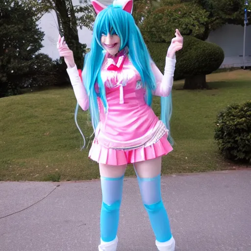 Prompt: Hatsune Miku cosplay, full-length photo, 35 mm