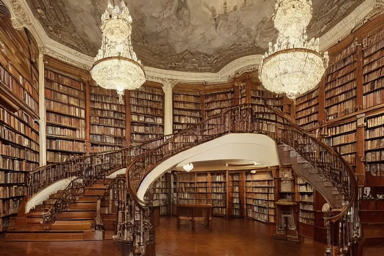 Prompt: a library is half gloomy and half warm, with beautiful chandeliers, elegant stairs and oil painting style