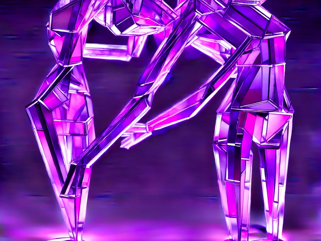 Image similar to beautiful mannequin sculpted out of amethyst by billelis + lit with purple 3 d geometric neon + chrome geometric cubed bonsai plants!!!!, doorway opening with neon pink geometric light, clean linework, dramatic, finely detailed, rule of thirds, moody, confident, award winning, 4 k, trending on artstation, photorealistic, volumetric lighting, octane render