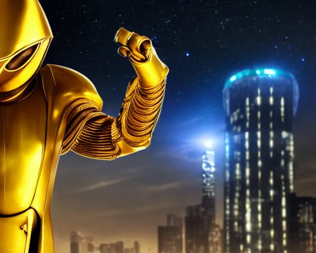 Prompt: closeup of an alien with no helmet wearing a long flowing cloth shirt over stylish large futuristic golden armor suit walking to a tall alien city with buildings and lights in the background, night sky with stars, light fog, beautiful colorful, incredible detail, anamorphic 2 0 mm lens flare