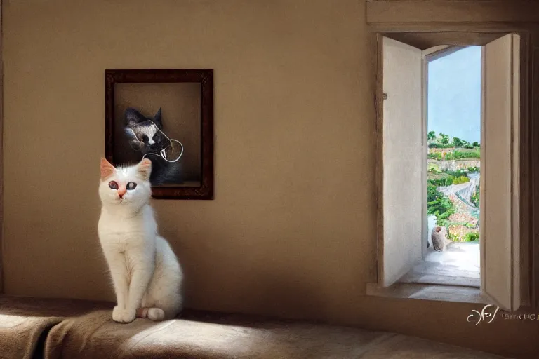 Image similar to Photography of Cat in modern Provence style room, photorealism,