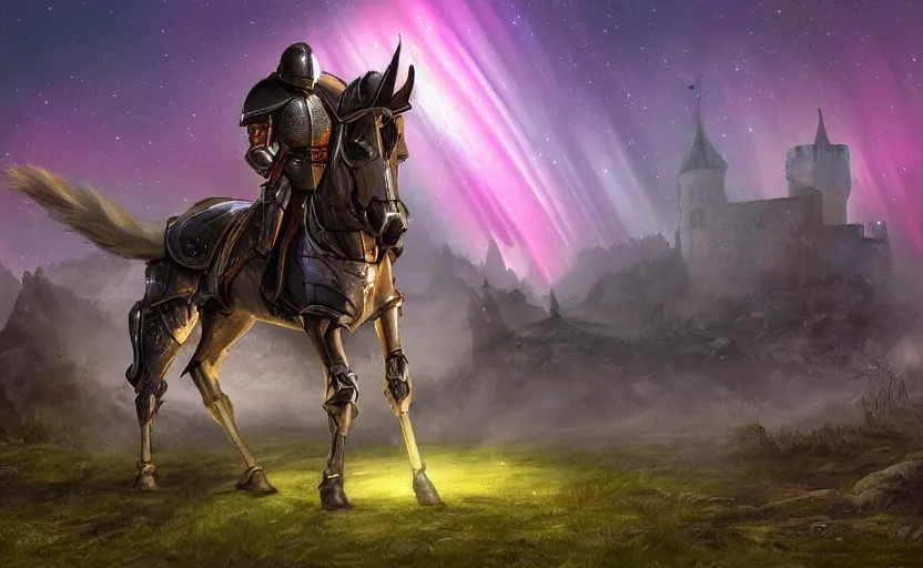 Prompt: knight crusader mounted in a horser standing in frontal of a castle, castle realistic, electricity armor and helmet, big forest world fantasy, sky northern lights, realistic artstation