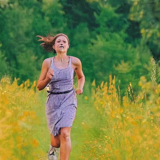 Image similar to “a woman runs sideways to the center of the frame in a yellow sundress at night, full height, in the background a slavic barn and bushes with trees”