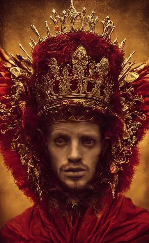 Image similar to 'Portrait of Crowned King Arthur' by Lee Jeffries royally decorated, whirling plasma, atmospheric motes, red and gold Sumptuous garb, gilt silk fabric, radiant colors, fantasy, perfect lighting, studio lit, micro details,