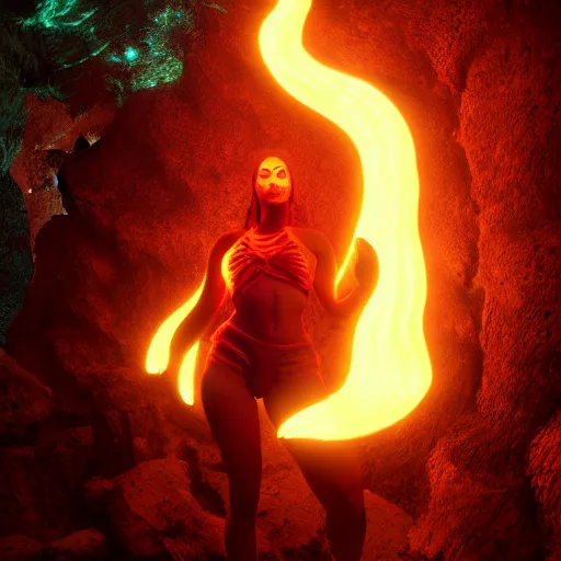 Image similar to Portrait of Pele, the fire goddess, rendered in unreal engine, rendered in octane render, rendered in blender, unreal engine, octane, blender, dark studio lighting, bright, glowing aura, vividly beautiful colors, bioluminescence, bioluminescent lighting, volumetric lighting