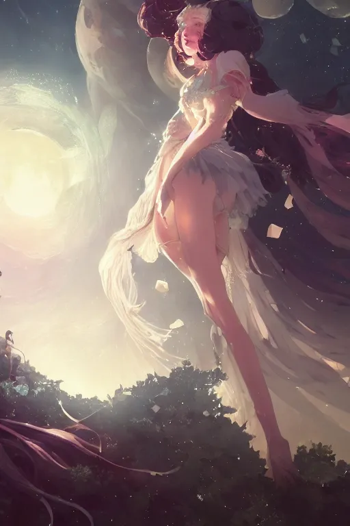 Image similar to A beautiful whimsical woman basking in the moonlight on a bed of crystals below planets, cinematic lighting, dramatic atmosphere, by Dustin Nguyen, Akihiko Yoshida, Greg Tocchini, Greg Rutkowski, Cliff Chiang, 4k resolution, trending on artstation