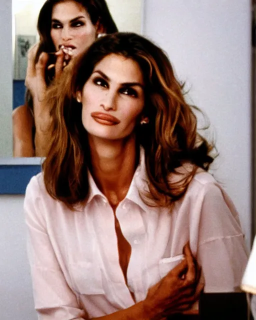 Image similar to cindy crawford looking at the mirror and seeing julia roberts in the reflection, 1970s