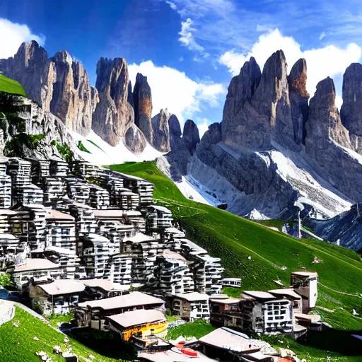 Image similar to a futuristic city in the dolomites