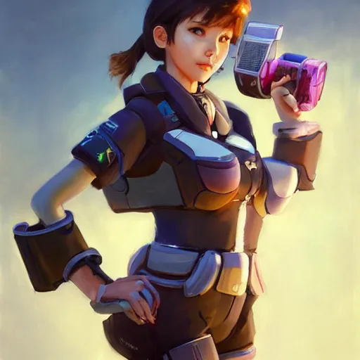 Image similar to Stunning Portrait of D.VA from Overwatch wearing a police uniform by Kim Jung Gi, holding handcuffs in one hand Blizzard Concept Art Studio Ghibli. oil paint. 4k. by brom, Pixiv cute anime girl wearing police gear by Ross Tran, Greg Rutkowski--cfg_scale 12