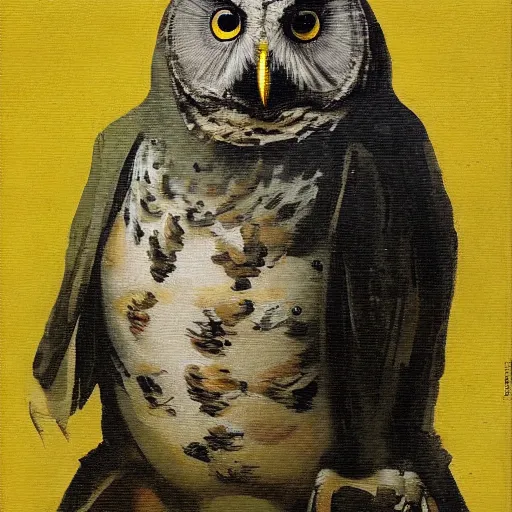 Image similar to obese physique feathered round beak Portrait of Henry James camouflaged as Owl whilst wearing a yellow tuxedo Standing atop a Garbage Truck Greg Rutkowski Vik Muniz clarence holbrook carter Andrew Wyeth Dan Witz